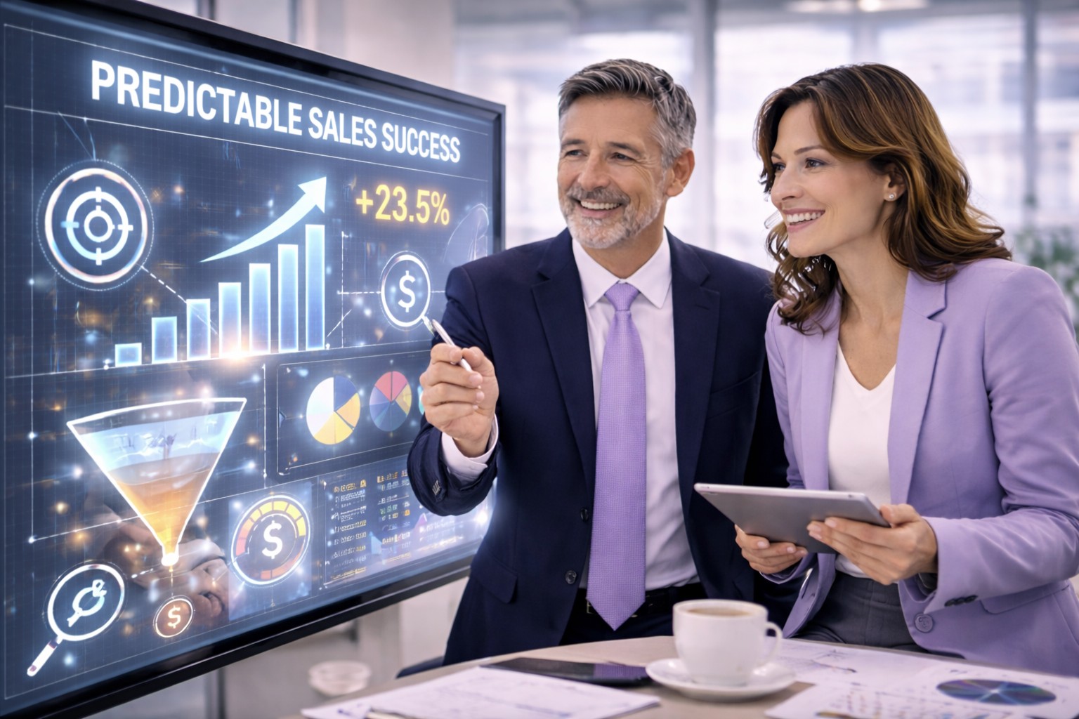 Sales team strategizing around a conference table